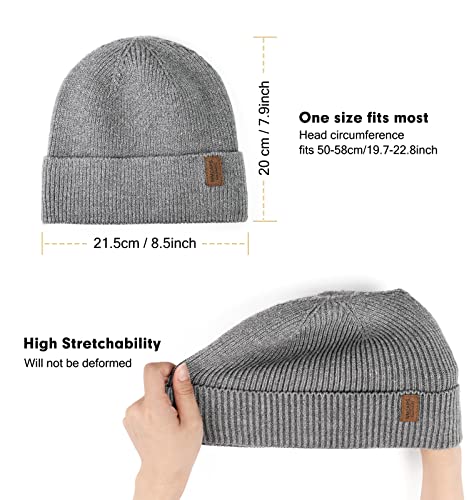 Beanie for Men, Stretchy Soft Cuffed Wooly Beanie with Thick Warm Lining, Unisex Classic Winter Hat, Gifts for Women/Men/Her/Him/Dad (Grey)