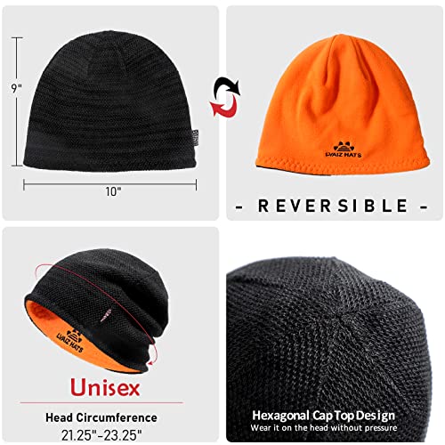 Lvaiz Mens Winter Beanie Hat Warm Fleece Lined Skull Cap for Men Reversible Women Windproof Watch Hat Knit Warm Unisex Beanie, Black+Orange, One Size