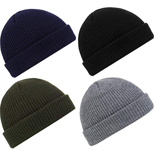 4 Pieces Trawler Beanie Watch Hat Roll up Edge Skullcap Fisherman Beanie Unisex, Black, Dark Gray, Green, Navy Blue, 17 x 20 cm/ 6.69 x 7.87 inches