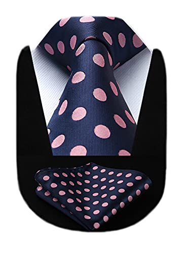 HISDERN Extra Long Polka Dots Tie Handkerchief Men's Necktie & Pocket Square Set , XL, 63 inches length, Pink / Navy Blue