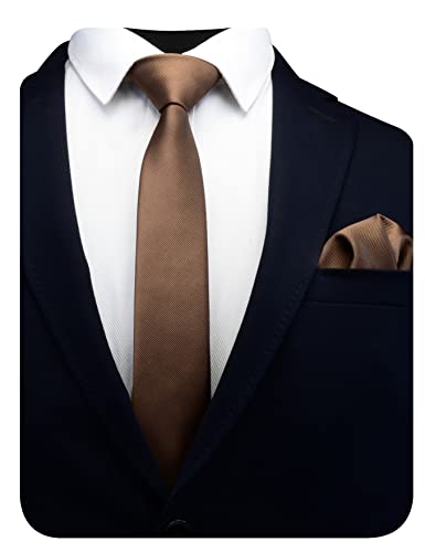Gusleson Dark Brown Skinny Tie Solid Ties for Men Thin Slim Necktie and Pocket Square Set (UK0754-31)