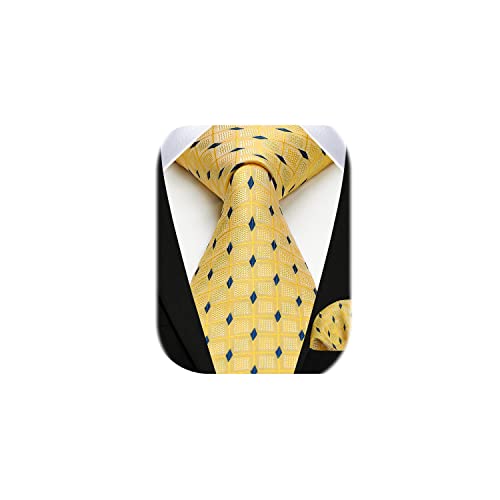 HISDERN Men's Yellow Plaid Tie for Wedding Party Woven Checked Necktie With Pocket Square Set for Prom