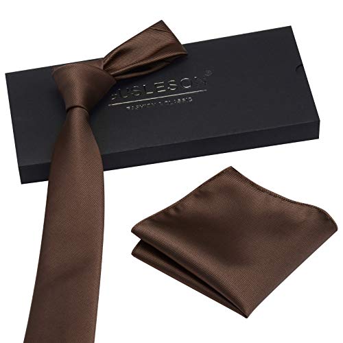 Gusleson Dark Brown Skinny Tie Solid Ties for Men Thin Slim Necktie and Pocket Square Set (UK0754-31)