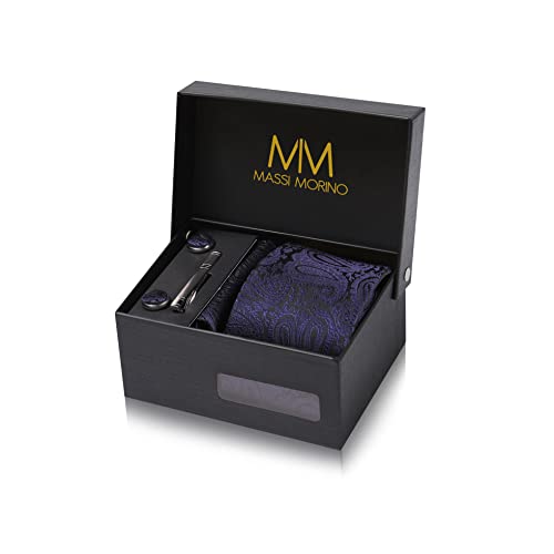 Massi Morino Tie and Pocket Square Set Men incl. Cufflinks, Tie Pin and Gift Box - Men's Tie Set dark blue for Wedding