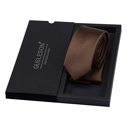 Gusleson Dark Brown Skinny Tie Solid Ties for Men Thin Slim Necktie and Pocket Square Set (UK0754-31)