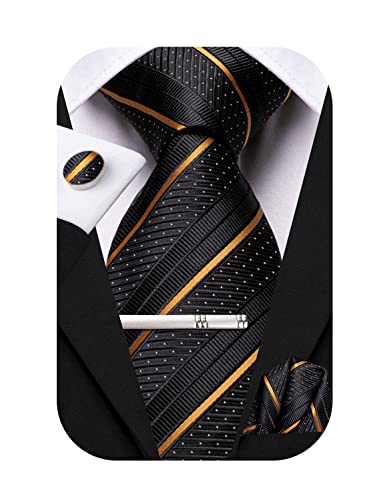 Hi-Tie Black Gold Striped Necktie Pocket Square Cufflink Set for Men Silk Woven Herringbone Ties and Clip Pin Formal Tie