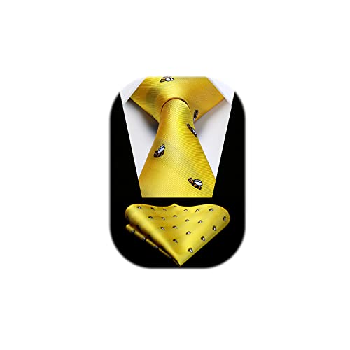 HISDERN Men's Ties Animal Pattern Tie Handkerchief Yellow Necktie & Pocket Square Set for Wedding Party Business