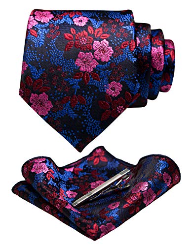 RBOCOTT Floral Tie Silk Necktie and Pocket Square,Tie clip set for Men(2)
