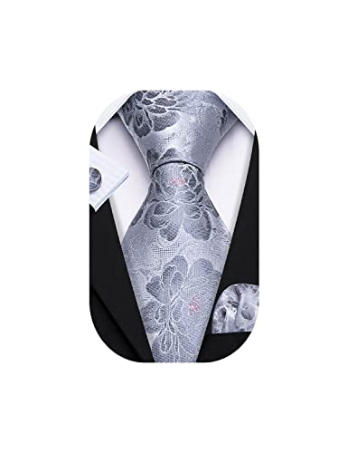 Barry.Wang Grey Floral Tie Man Solid Silk Jacquard Woven Necktie Handkerchief Cuff Links Set Ceremony