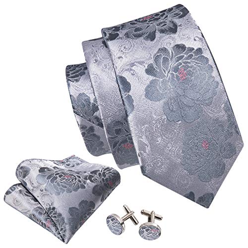 Barry.Wang Grey Floral Tie Man Solid Silk Jacquard Woven Necktie Handkerchief Cuff Links Set Ceremony