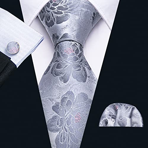 Barry.Wang Grey Floral Tie Man Solid Silk Jacquard Woven Necktie Handkerchief Cuff Links Set Ceremony