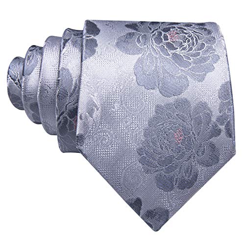 Barry.Wang Grey Floral Tie Man Solid Silk Jacquard Woven Necktie Handkerchief Cuff Links Set Ceremony