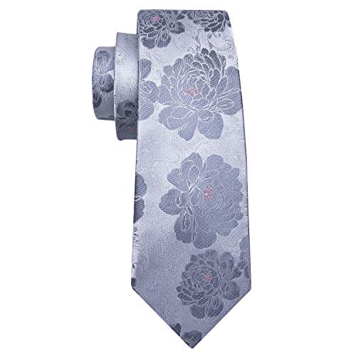 Barry.Wang Grey Floral Tie Man Solid Silk Jacquard Woven Necktie Handkerchief Cuff Links Set Ceremony