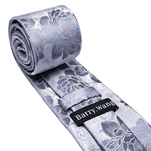 Barry.Wang Grey Floral Tie Man Solid Silk Jacquard Woven Necktie Handkerchief Cuff Links Set Ceremony