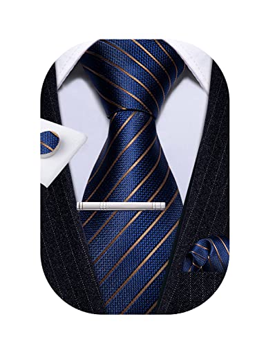 Barry.Wang Gold Stripe Tie Set Blue Pocket Square Cufflinks Men Silk Necktie Formal