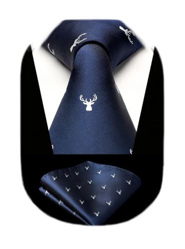 HISDERN Elk Tie for Men Navy Blue Ties Handkerchief Novelty Animal Pattern Wedding Necktie & Pocket Square Set