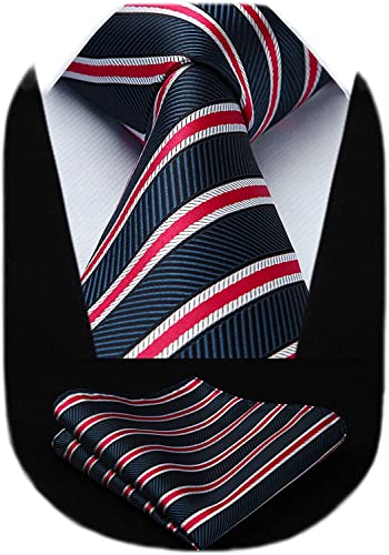 HISDERN Striped Wedding Tie Handkerchief Men's Necktie & Pocket Square Set (Navy Blue & Red)