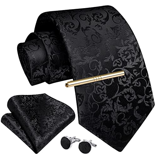 Enlision Men's Ties Black for Wedding Paisley Necktie Formal Business Tie and Pocket Square Cufflinks Clip Set