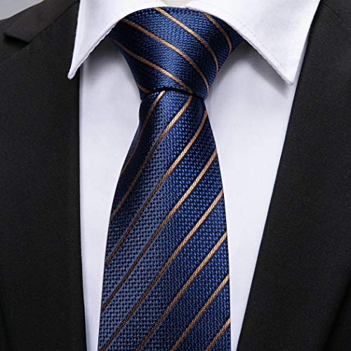 Barry.Wang Gold Stripe Tie Set Blue Pocket Square Cufflinks Men Silk Necktie Formal