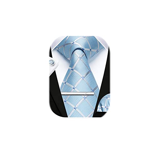 HISDERN Men's Baby Blue Plaid Tie Handkerchief Cufflink Tie Clip Set Formal Wedding Party Gifts Necktie for Men