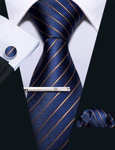 Barry.Wang Men Ties Stripe Check Silk Necktie Pocket Sqaure Cufflink Tie-Clip 4PCS Set Classic Business Wedding Necktie
