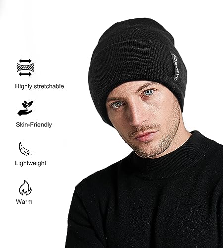 FORVEVO Beanie Hat for Men, Winter Thermal Beanie, Soft Fleece Lining Knitted Cuffed Wooly Hat for Daily Outdoor Cycling,Black