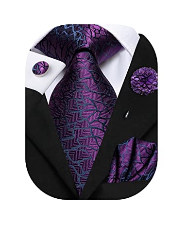 Hi-Tie Purple Mens Ties for Party Business Silk Necktie Lapel Flower Set with Pocket Square Cufflinks Formal Prom