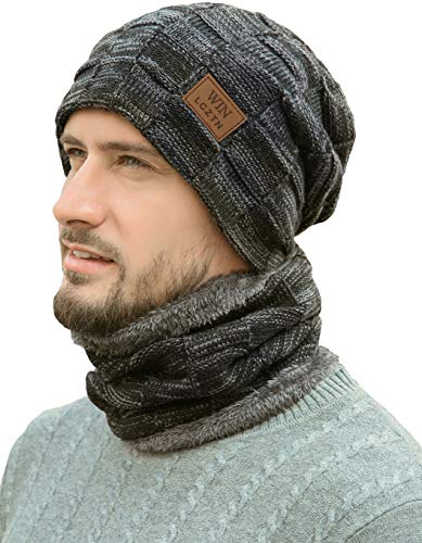 LCZTN Mens Winter Beanie Hat Scarf Set Warm Fleece Lined Knit Ski Hats Slouchy Skull Cap for Unisex Gift