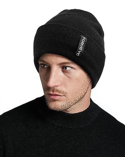 FORVEVO Beanie Hat for Men, Winter Thermal Beanie, Soft Fleece Lining Knitted Cuffed Wooly Hat for Daily Outdoor Cycling,Black