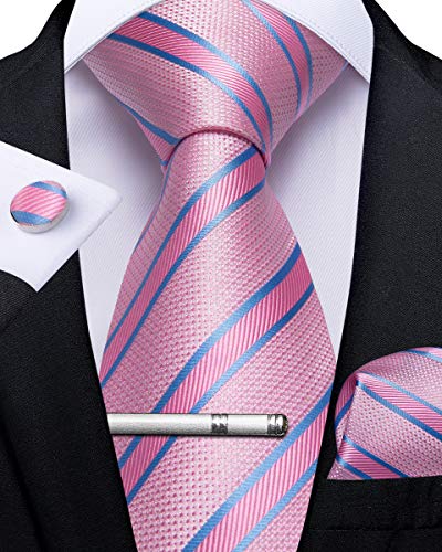 DiBanGu Blush Pink Mens Silk Tie Set Stripes Jacquard Woven Necktie and Pocket Square Cufflinks for Formal Wedding