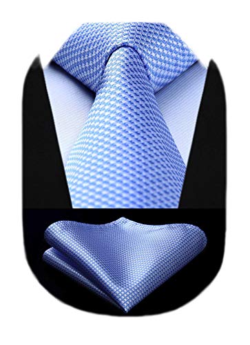 HISDERN Light Blue Ties for Men Wedding Tie & Pocket Square Set Formal Business Necktie Handkerchief Houndstooth Neckties