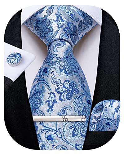 DiBanGu Paisley Silk Necktie for Men Light Blue Tie and Handkerchief Cufflinks Set Party Gifts