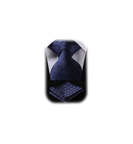 HISDERN Navy Blue Ties for Men Check Wedding Tie Handkerchief Men's Necktie & Pocket Square Set (Navy Blue)