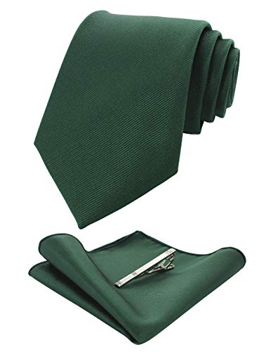 RBOCOTT Green Silk Tie and Pocket Square, Necktie Tie Clip Set for Men, Dark Green, general