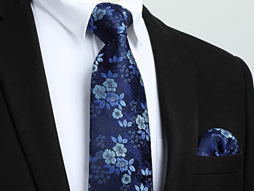 HISDERN Navy Blue Ties for Men Wedding Tie and Pocket Square Set Elegant Floral Tie Silk Necktie & Handkerchief Sets Party Business