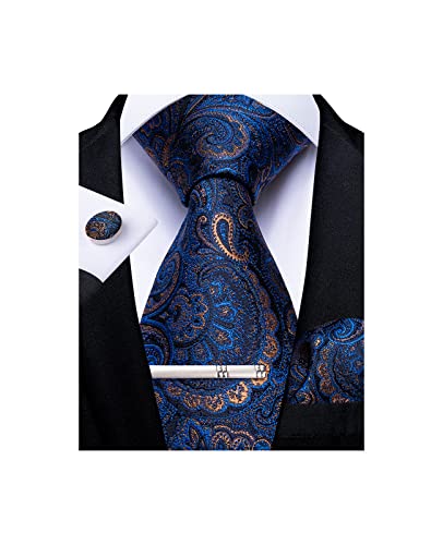 DiBanGu Men's Necktie Handkerchief Silk Paisley Tie Pocket Square Cufflink Set (Blue)(Size: 150cm)