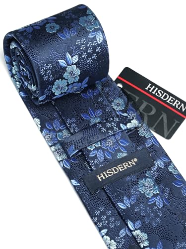 HISDERN Navy Blue Ties for Men Wedding Tie and Pocket Square Set Elegant Floral Tie Silk Necktie & Handkerchief Sets Party Business