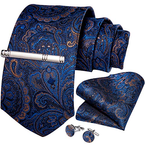 DiBanGu Men's Necktie Handkerchief Silk Paisley Tie Pocket Square Cufflink Set (Blue)(Size: 150cm)