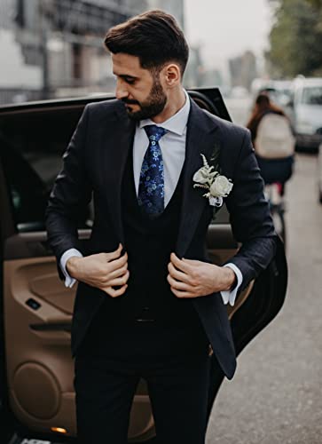 HISDERN Navy Blue Ties for Men Wedding Tie and Pocket Square Set Elegant Floral Tie Silk Necktie & Handkerchief Sets Party Business