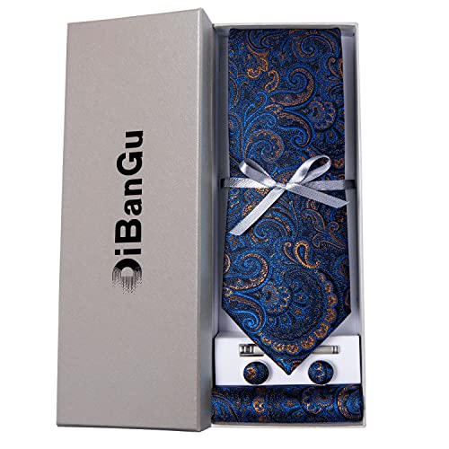 DiBanGu Men's Necktie Handkerchief Silk Paisley Tie Pocket Square Cufflink Set (Blue)(Size: 150cm)