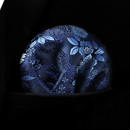 HISDERN Navy Blue Ties for Men Wedding Tie and Pocket Square Set Elegant Floral Tie Silk Necktie & Handkerchief Sets Party Business