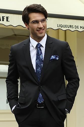 HISDERN Navy Blue Ties for Men Wedding Tie and Pocket Square Set Elegant Floral Tie Silk Necktie & Handkerchief Sets Party Business