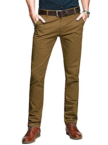 Aeslech Mens Tapered Stretch Chinos Casual Smart Trousers Formal Regular Fit 169 Dark Khaki 32