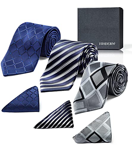 HISDERN Lot 3 PCS Classic Elegant Men's Silk Tie Set Necktie & Pocket Square - Multiple Set for Father's Day Gift