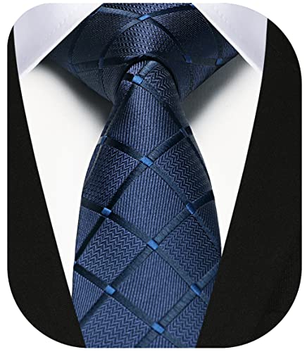 Enlision Mens Slim Tie Checked Silk Ties for Men Classic Navy Blue Neckties for Formal Wedding Business 6cm