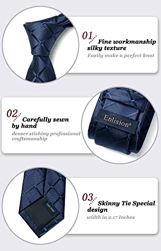 Enlision Mens Slim Tie Checked Silk Ties for Men Classic Navy Blue Neckties for Formal Wedding Business 6cm