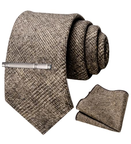 RBOCOTT Brown Wool Tie and Pocket Square, Cashmere Necktie Tie Clip Set for Men, Brown, general