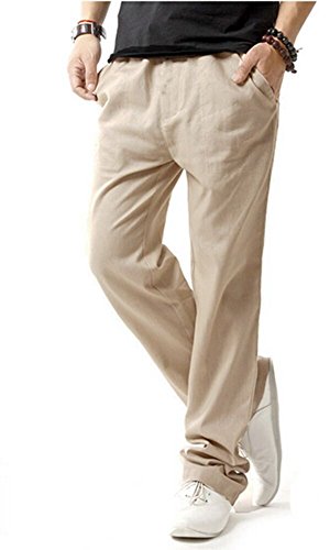 HOEREV Brand Men Casual Beach Trousers linen Pants Beige Medium
