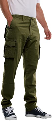 MIG MUD ICE GRAVEL Mens Stretch Cargo Chino Trousers - Cotton Elasticated Cargo Pants, Regular Slim Fit Mens Work Casual Chinos (Olive, 30W / 31L)