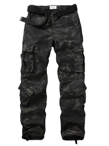 MUST WAY Men's Cargo Trousers Army Camo Combat Casual Fishing Hiking Work Trousers with 8 Pockets Dark Camo 36
